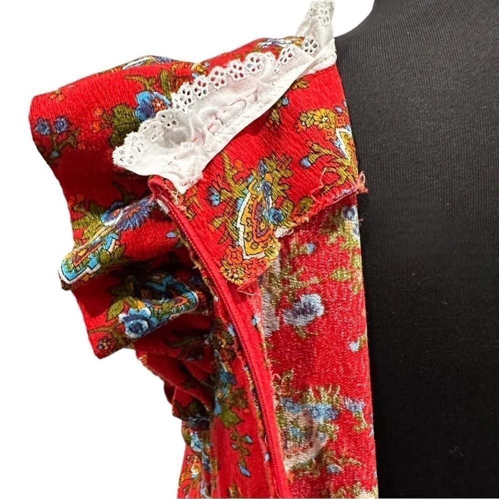 Vintage 1970s Handmade Floral Lace Prairie Maxi Dress Red Ruffle Sleeve Sz S - Picture 11 of 13